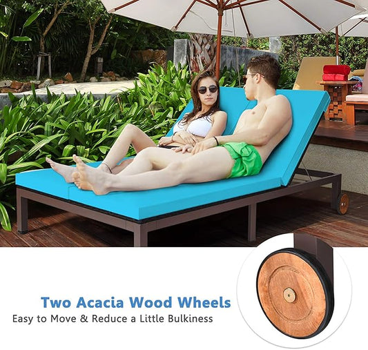 DORTALA 2-Person Patio Rattan Recliner Chair W/Wheels, Double Wicker Daybed Chaise Lounge Chair with Adjustable Backrest, Outdoor Furniture Conversation Set for Garden Lawn, Turquoise