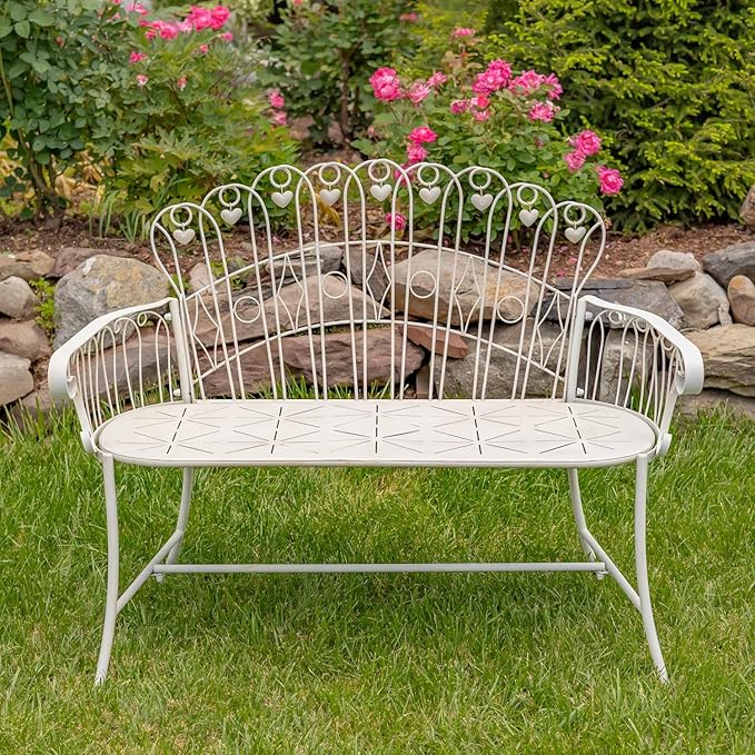 Zaer Ltd. Vintage Style Metal Patio Furniture with Heart Design Accents, Outdoor/Indoor Decor (Distressed White, Garden Bench)