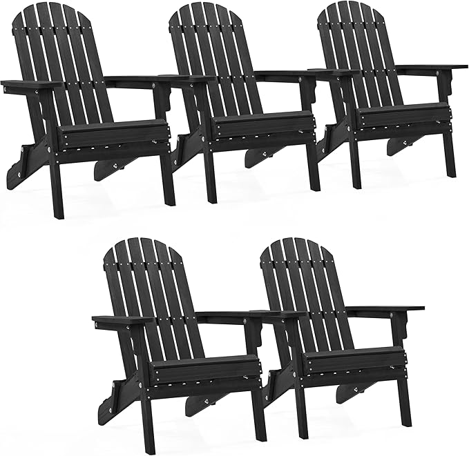 Yaheetech Folding Adirondack Chair Set of 5 Outdoor, 300LBS Solid Wood Garden Chair Weather Resistant, Fire Pit Lounge Chairs for Garden/Yard/Patio/Lawn, Black