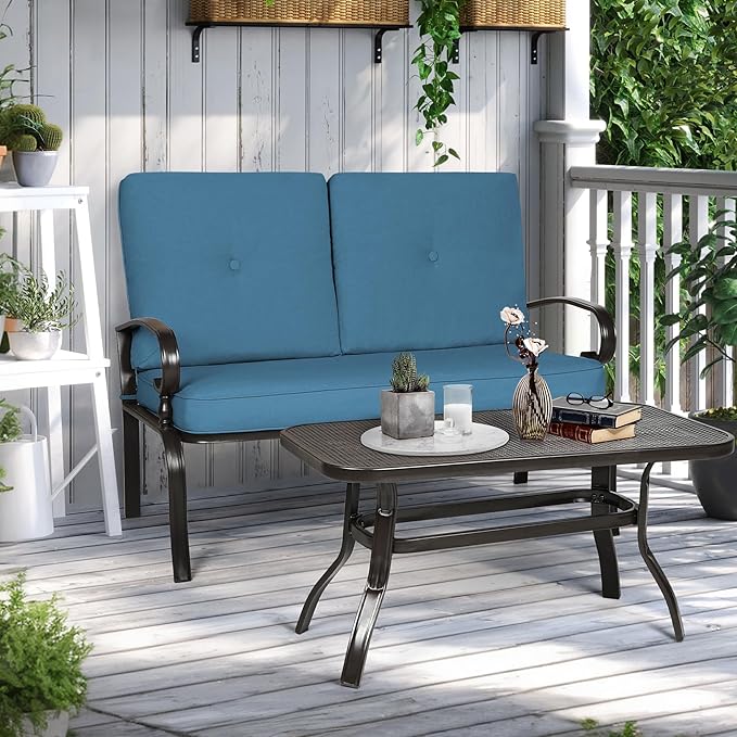 Incbruce Patio Loveseat with Coffee Table - Outdoor Bench with Cushion,2 Piece Wrought Iron Outdoor Loveseat Metal Frame Porch Furniture Set Bench for Patio, Poolside, Garden (Peacock Blue)