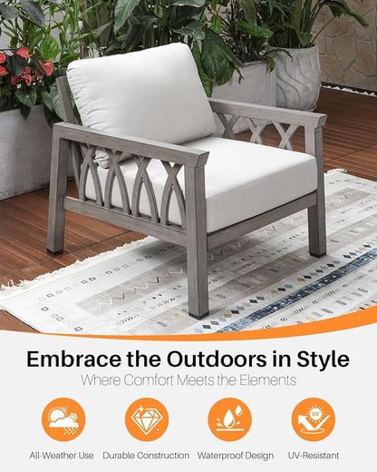 Aluminum Outdoor Sofa Chair, Modern Patio Sofa Armchair with Washable Cushions, Weather-Resistant Outdoor Club Chair, Patio Armchair Furniture for Garden, Deck, Porch, Limed Oak