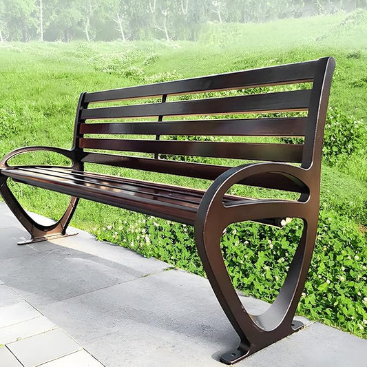 LITFAD Garden Bench Industrial Metal Frame Park Bench with Waterproof Wood Curved Seat Outdoor Seating Bench for Patio, Lawn, Yard, Porch - Brown 71" L x 19.5" W x 30.5" H