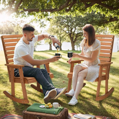 Bonnlo Outdoor Wooden Rocking Chair with High Backrest, Solid Fir Wood Rocking Chair, Heavy Duty 600 LBS Patio Rockers for Garden, Yard, Patio
