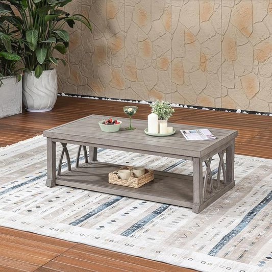 Aluminum Outdoor Coffee Table, 46" Rectangular Patio Coffee Table with Double Storage, Waterproof Aluminum Patio Furniture Tables with Adjustable Feet for Garden, Deck, Porch, Limed Oak