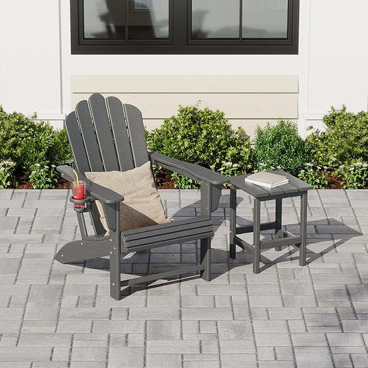 Costaelm Lakeview Outdoor Patio HDPE Adirondack Chair with Cup Holder and Table Set, Gray