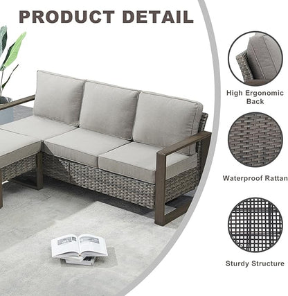Rilyson Outdoor Wicker Patio Furniture Set - 5 Piece Patio Conversation Set with 2 Wicker Armrest Chairs,2 Rattan Ottoman and 1 Couch,Sturdy Frame,Thick Cushions,Deep Seating(Mixed Grey/Grey)