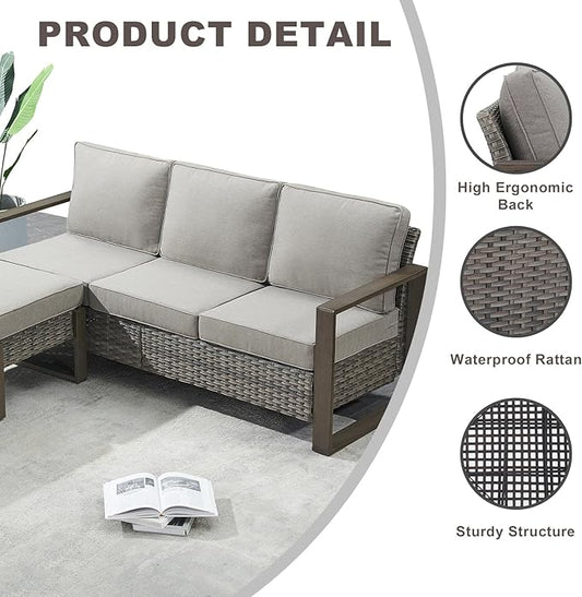 Rilyson Outdoor Wicker Patio Furniture Set - 5 Piece Patio Conversation Set with 2 Wicker Armrest Chairs,2 Rattan Ottoman and 1 Couch,Sturdy Frame,Thick Cushions,Deep Seating(Mixed Grey/Grey)