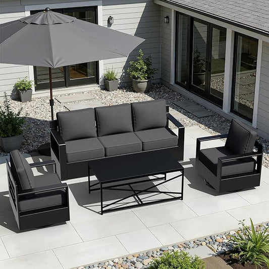 Outdoor Aluminum Furniture Set, 4-Piece Patio Conversation Set, 2 Swivel Chairs, 1 Sofa and 1 Table, All-Weather Metal Frame, 6" Thick Removable Cushions, Deep Setting for Garden, Poolside and Porch
