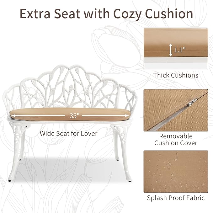 HOMEFUN Outdoor Bench with Cushion- Patio Garden Benches Metal Loveseat Cast-Aluminum Outside Furniture for Park Lawn - Photo 6
