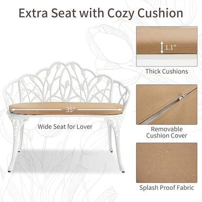 HOMEFUN Outdoor Bench with Cushion- Patio Garden Benches Metal Loveseat Cast-Aluminum Outside Furniture for Park Lawn Front Porch White