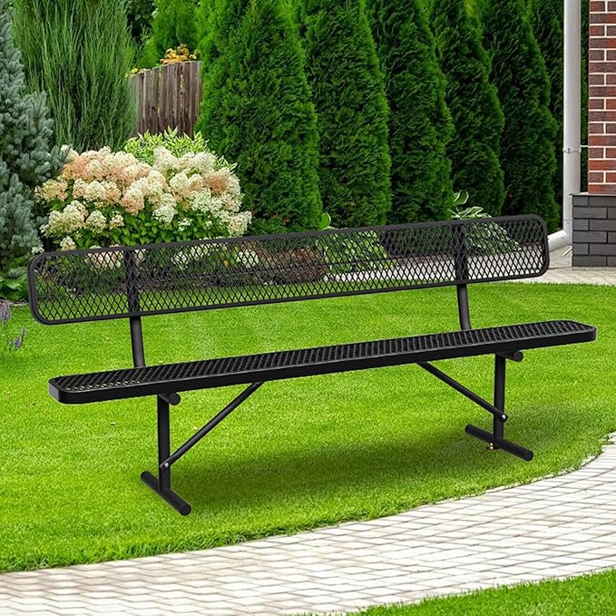 8 FT Heavy Duty Metal Park Bench for Outside, Black Bench with Backrest,4-6 Person Seat, Outdoor Commercial Metal Mesh Benches for Shopping Mall, Lawn, Park, Deck, Garden, Patio, Porch
