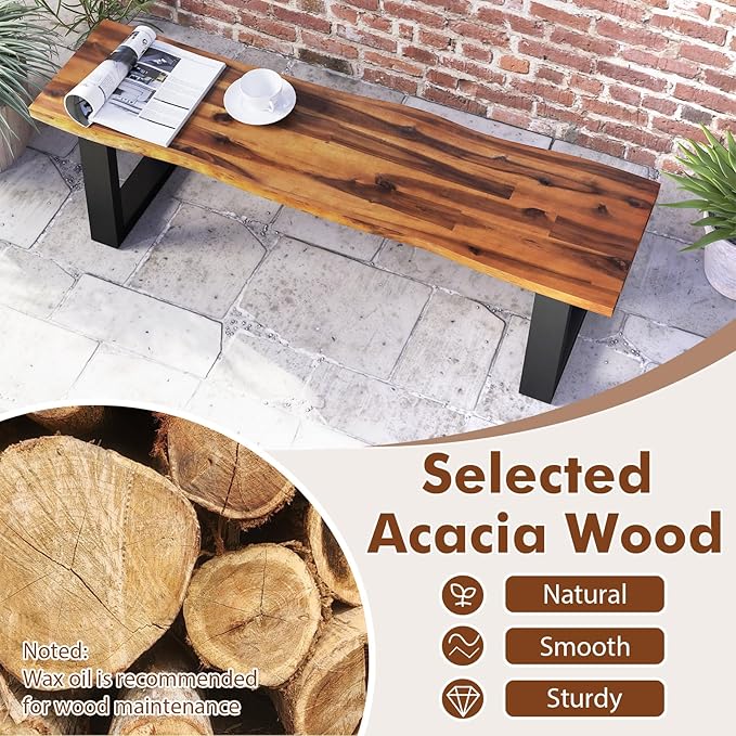 Outdoor Bench, 57.5” Rustic Acacia Wood Dining Bench with Metal Legs, Weatherproof Park Benches for Outside, 2-Person Backless Narrow Garden Bench for Indoors & Outdoors (1)