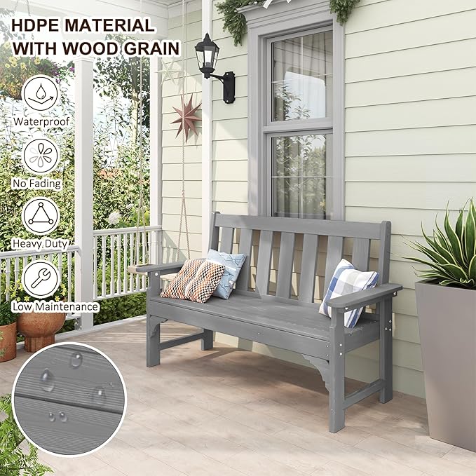 nalone Outdoor Bench, HDPE All Weather Patio Bench Load up to 800 Lbs, 2-Person Garden Bench Rot-Proof Fade Proof for Patio, Porch, and Park (Grey)