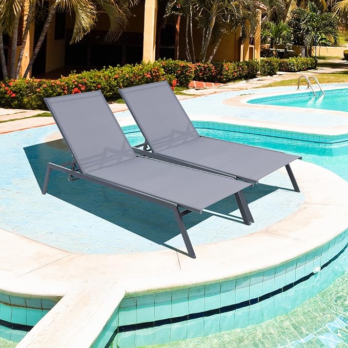 Giantex Patio Chaise Lounge Chair - Sunbathing Chair with Lay Flat Position, 6 Adjustable Positions, Outdoor Reclining Chair with Quick-Drying Fabric for Patio Poolside Backyard (1, Gray)