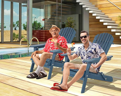 Foldable All-Weather Adirondack Chair, Outdoor Patio Lawn Chair With Wide Armrest, Solid Wood Fire Pit Front Porch Set, 350 Lbs, Navy Blue