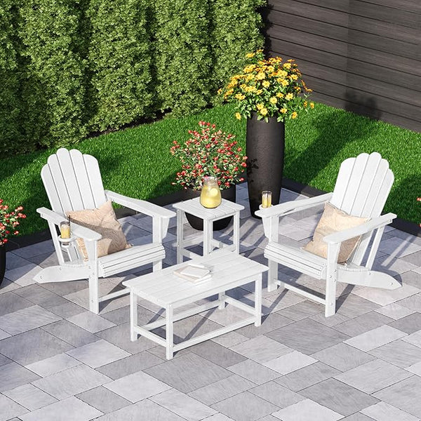 Costaelm 4-Piece Set Outdoor/Patio Poly Adirondack Chairs with a Coffee and a Side Table (2 Seater), White - Photo 1