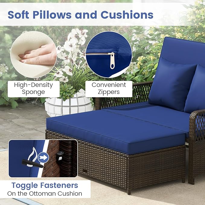 Moccha Outdoor Daybed, PE Rattan Double Chaise Lounge w/ 4-Level Adjustable Back, Storage Ottoman, Cushions & Pillows, Separated Seating, Wicker Sunbed for Garden Patio Furniture Set (Navy)