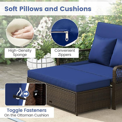 Moccha Outdoor Daybed, PE Rattan Double Chaise Lounge w/ 4-Level Adjustable Back, Storage Ottoman, Cushions & Pillows, Separated Seating, Wicker Sunbed for Garden Patio Furniture Set (Navy)