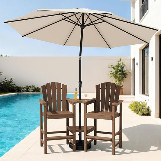 KINGYES Tall Adirondack Chair Set of 2 with 9FT Umbrella, All-Weather HDPE Outdoor Adirondack Barstools with Removable Double Connecting Trays, High Airondack Chair with Wood Grain, Brown