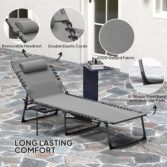 Outsunny Folding Chaise Lounge Chair Outdoor Tanning Chair with Side Table, 5-Level Adjustable Beach Lounge Chair with Headrest, Side Pocket for Patio, Backyard, Beach, Poolside, Gray