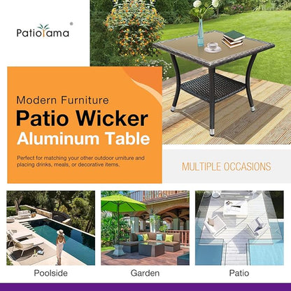 Patiorama Outdoor Wicker Patio Side Table, Weather Resistant Rattan Coffee Table, Square End Table, Aluminum Frame, Espresso Brown