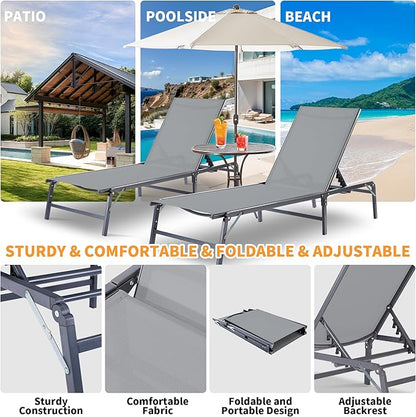 Lounge Chair Outdoor, Pool Lounge Chairs Foldable, Patio Lounge Chairs for Outside, Assemble-Free with Adjustable Backrest, Heavy-Duty Folding Patio Chair for Beach, Backyard & Camping, Grey