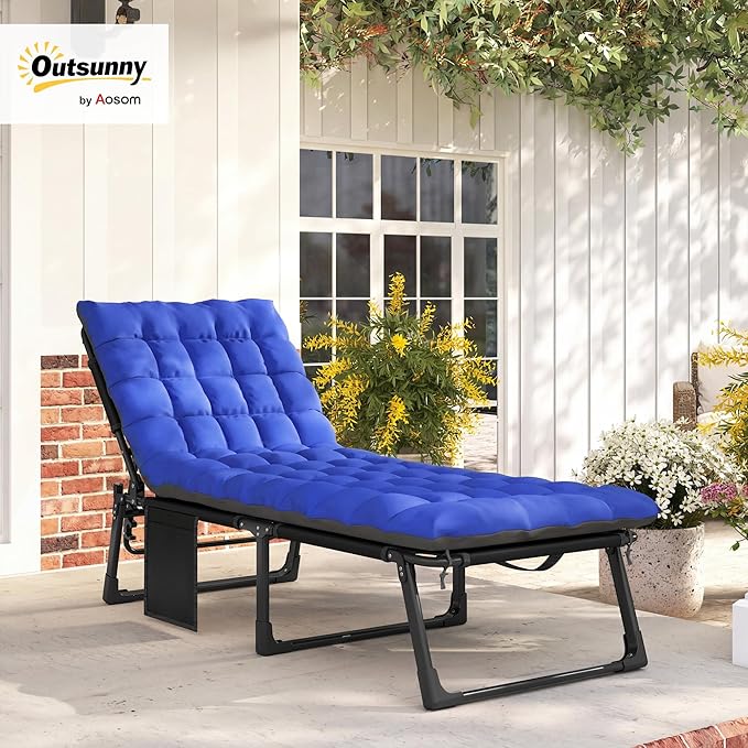 Outsunny Chaise Lounge Chair Outdoor, 5-Position Reclining Pool Lounge Chair with Cushion, Side Pocket, Headrest, Folding Lounger Tanning Chair Camping Cot for Patio, Beach, Dark Gray/Blue