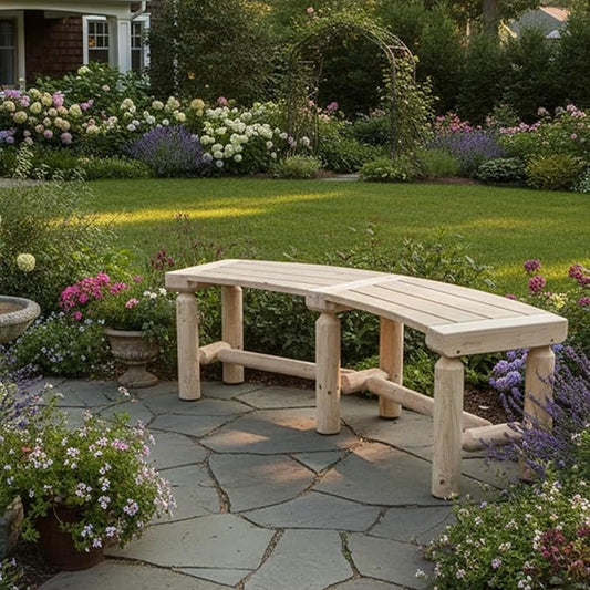 Curved Fire Pit Bench - Solid Wood Backless Outdoor Seat for Patio, Garden, Deck & Tree Surround, Rustic Log Style Circular Seating 40"-55" W×14" D×16.5" H, Natural Finish