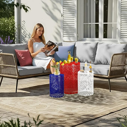 Outvita Outdoor Nesting Tables Set of 3, Heavy Duty Metal Frame Accent Modern End Table, Portable Side Table for Indoor, Outdoor, Living Room, Meander Pattern - Blue & White & Red