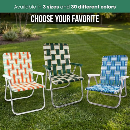 Lawn Chair USA | Folding Aluminum Webbed Chair for Camping, Sports, and Beach | Classic - Sea Island with White Arms