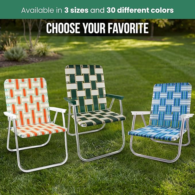 Lawn Chair USA Folding Aluminum Outdoor Patio Lawn Chair | Heavy-Duty Webbed Chairs for Camping, Sports, Beach, Yard & Tailgating | Lightweight Portable | Classic - Charleston Tan with Green Arms