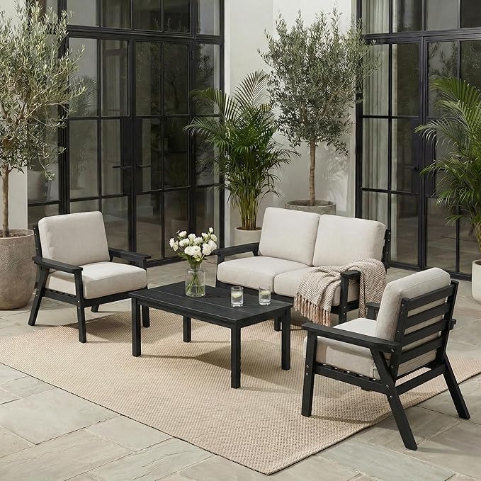 Patio Furniture Set, HDPE Outdoor Sofa Set with Beige Washable Cushions, Patio Conversation Sets for Lawn, Garden, Porch, Balcony & Deck, Durable Outdoor Sectional Furniture (Black Frame)