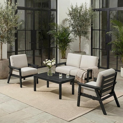 Patio Furniture Set, HDPE Outdoor Sofa Set with Beige Washable Cushions, Patio Conversation Sets for Lawn, Garden, Porch, Balcony & Deck, Durable Outdoor Sectional Furniture (Black Frame)