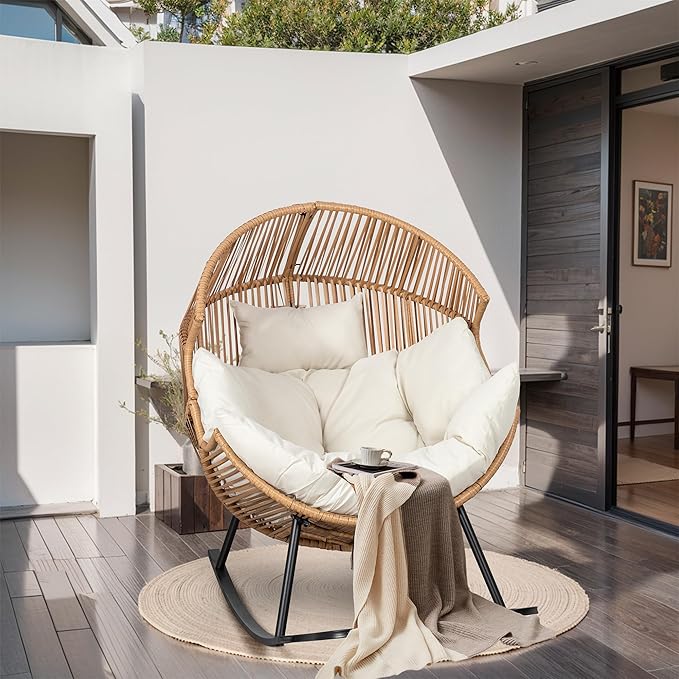JAMFLY Egg Chair Rocking Chairs, Wicker Patio Chair Oversized Lounger Chair with Cushion for Indoor Living Room Bedroom Outdoor Patio Backyard Balcony Garden, Beige