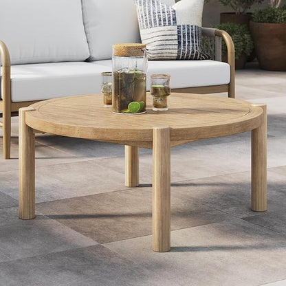 Nathan James Bora Round Outdoor Coffee Table, Farmhouse Wood Coffee Table for Patio or Porch, Solid Acacia Wood