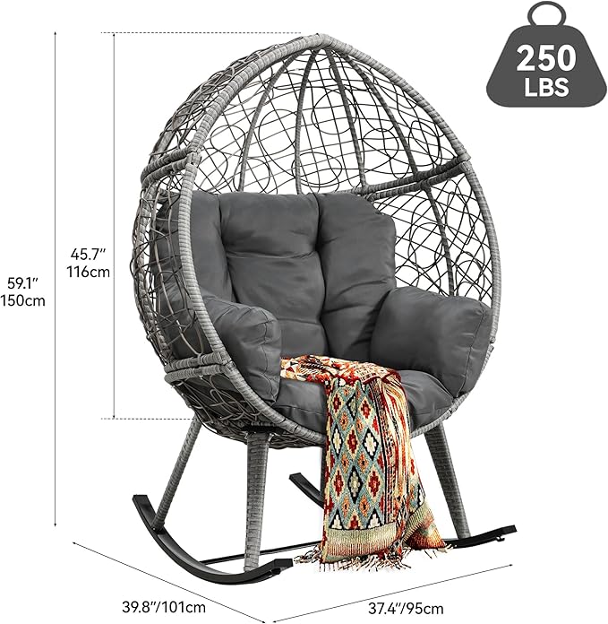 YITAHOME Wicker Rocking Egg Chair with Cushioned Comfort, Patio Rocker 250lb Capacity, Anti-Slip, All-Weather Resilient Rattan Design for Indoor & Outdoor Relaxation Spaces, Grey