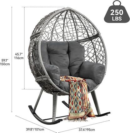 YITAHOME Wicker Rocking Egg Chair with Cushioned Comfort, Patio Rocker 250lb Capacity, Anti-Slip, All-Weather Resilient Rattan Design for Indoor & Outdoor Relaxation Spaces, Grey
