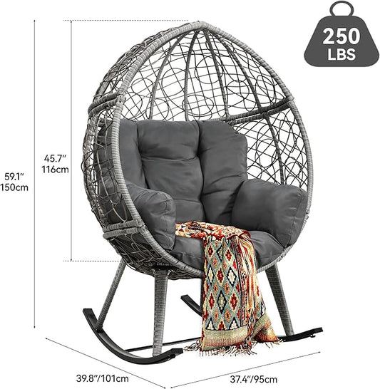 YITAHOME Wicker Rocking Egg Chair with Cushioned Comfort, Patio Rocker 250lb Capacity, Anti-Slip, All-Weather Resilient Rattan Design for Indoor & Outdoor Relaxation Spaces, Grey