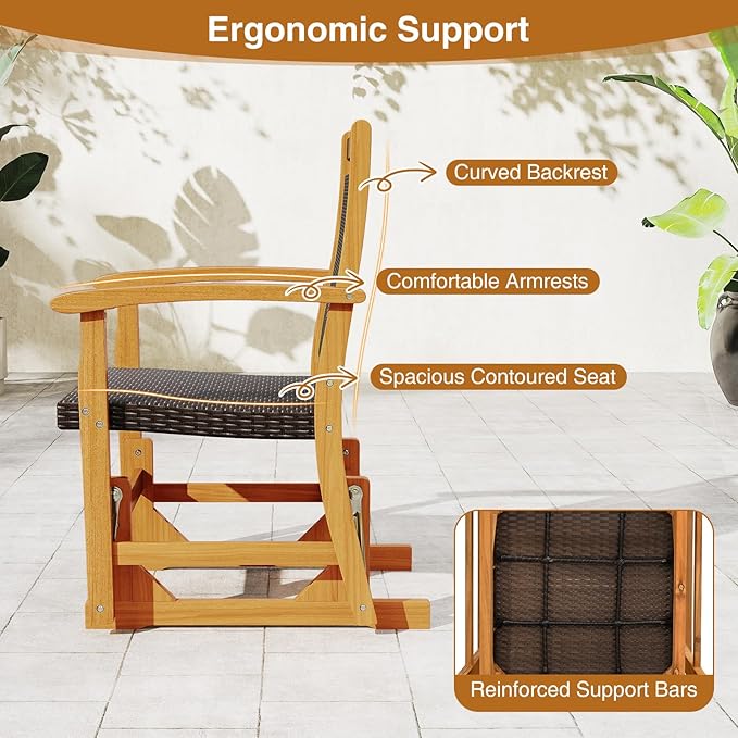 HAPPYGRILL Outdoor Glider Chair Set, Acacia Wood Porch Glider with Rattan Seat and Backrest - Photo 9