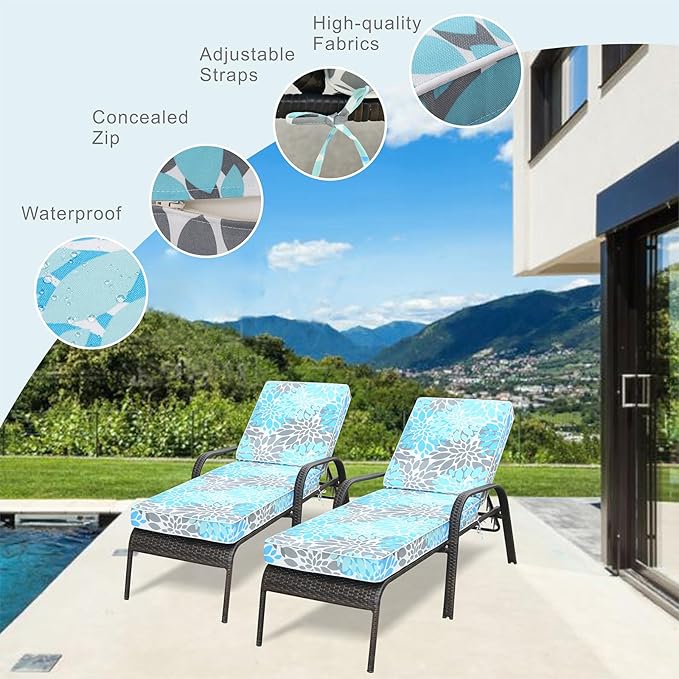 JMGBird Outdoor Chaise Lounge Cushion 70x22x4.5 Light Blue - Waterproof Patio Pool Chair Pad with Straps