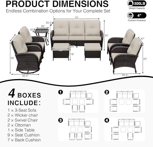 Joyside Wicker Patio Furniture Set, 8 Piece Outdoor Furniture Set with Thickened Cushions, High Back, Deep Seating, Wide Armrest, Outdoor Swivel Rocker Chairs for Porch, Deck