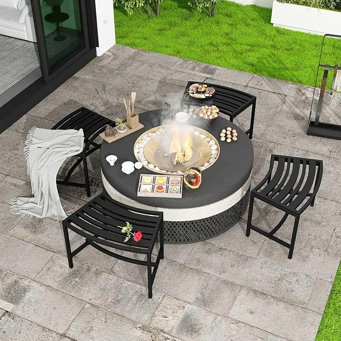 Metal Outdoor Curved Fire Pit Bench Set of 4, Fire Pit Seating Waterproof, Steel Backless Outside Tree Bench for Garden,Patio,Porch,Backyard,Heavy Duty Plant Holder, Style 3, Black