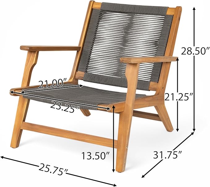 Christopher Knight Home Veera Patio Lounge Chair Set of 2, Acacia Wood Frame, Handwoven Rope, Mid-Century Modern, Dark Grey & Teak