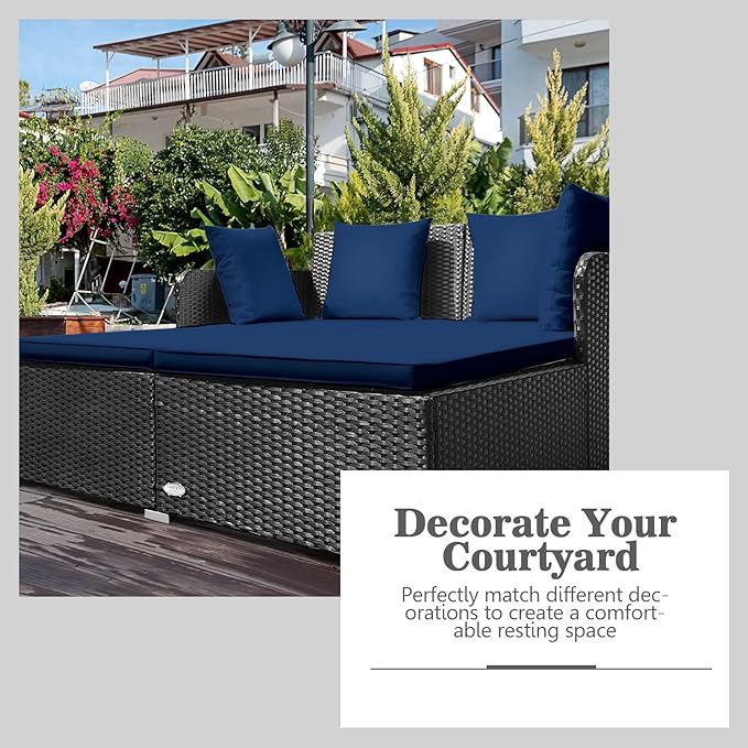 COSTWAY Outdoor Patio Rattan Daybed, Sponge Cushioned Loveseat Sofa with 4 Pillows, Wicker Furniture Sunbed for Balcony - Photo 8