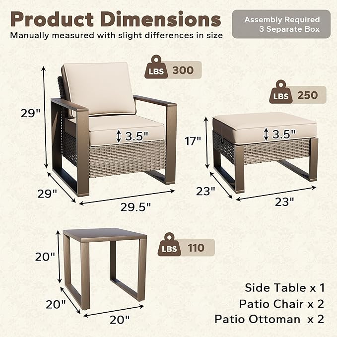 5 Pieces Metal Wicker Patio Furniture Set - Two Armchairs and Two Ottomans, One Side Table - Photo 2