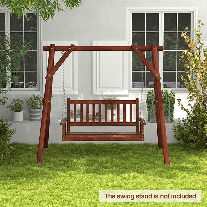 Tangkula 2 Person Wooden Porch Swing, Hanging Patio Swing with 2 Adjustable Galvanized Metal Chains, Slatted Back & Seat - Photo 6