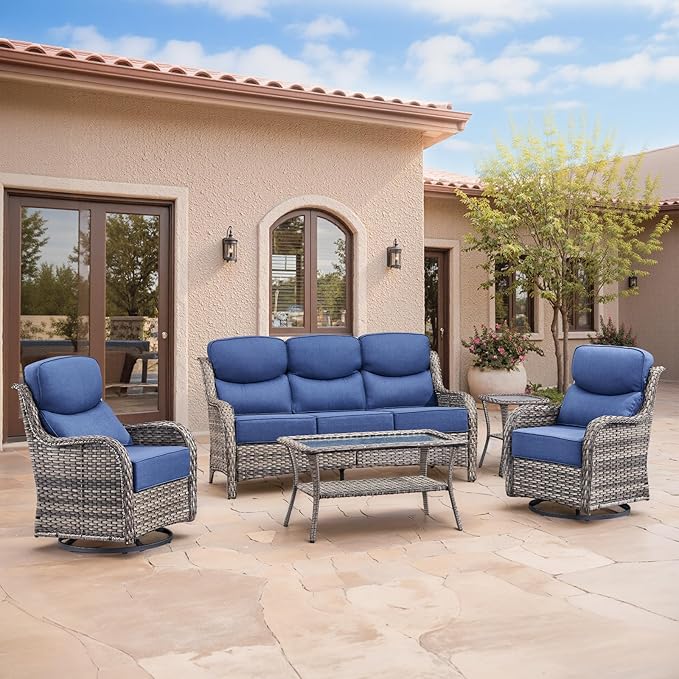 Swivel Patio Chairs sofa Set of 5 with 6" Thick Cushion - Wicker Outdoor Swivel Rocker Patio Chair ,Sofa/Glass coffee - Photo 1