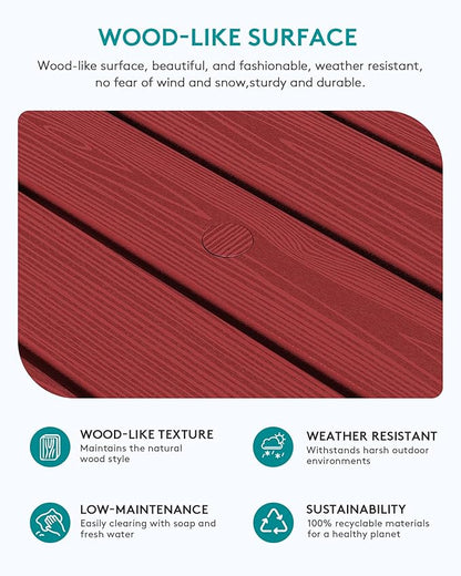 SERWALL Outdoor Coffee Table with 1.69" Umbrella Hole, HDPE Patio Coffee Table for Outside, Rectangle, Red