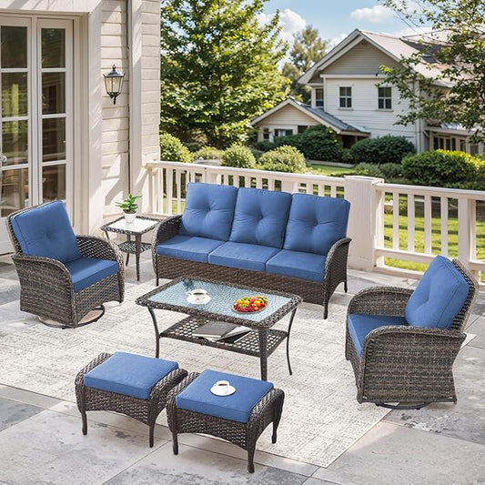 7 Pieces Patio Furniture-Swivel Patio Chairs Set of 2 Outdoor Wicker Rattan Sofa Couch with Ottoman Outdoor Conversation Set for Deck Porch Garden Balcony Poolside-Brown/Blue