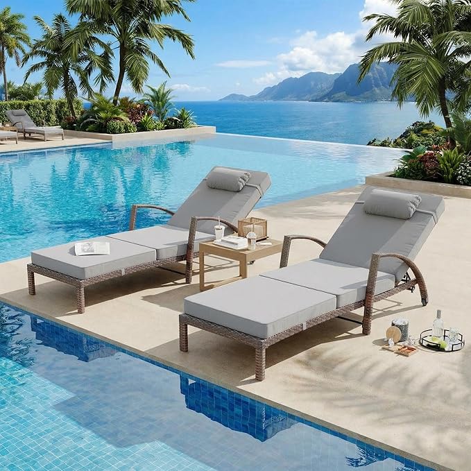 GarveeHome Outdoor Chaise Lounge Set of 2, Weather-Resistant PE Rattan Recliners with 5 Adjustable Positions, Wheels, Armrests, Cushions & Pillows, Collapsible for Poolside, Deck, Gray Cushion